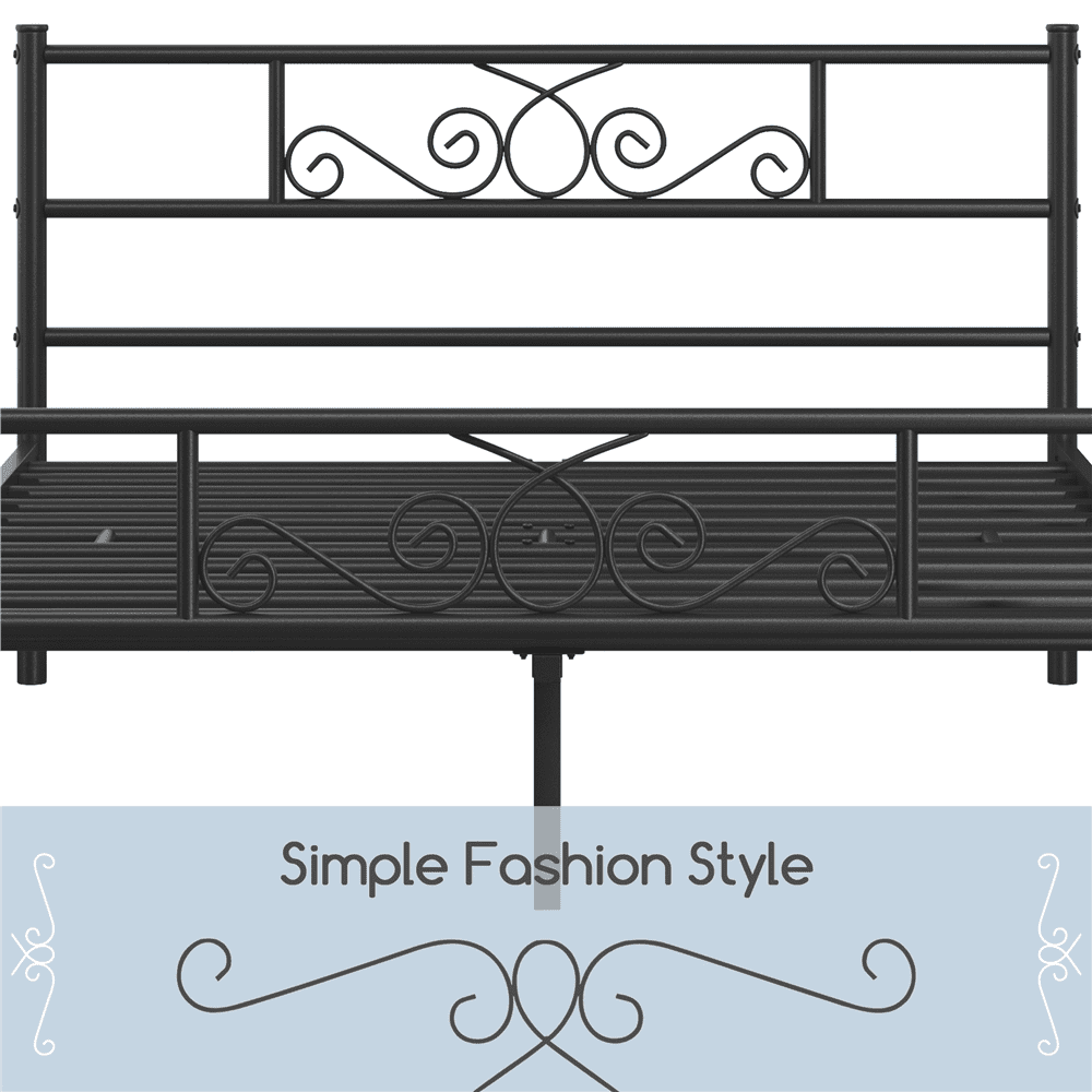 Fullfurnique Metal Platform Bed Frame with Scroll Headboard and Footboard, Queen, Black