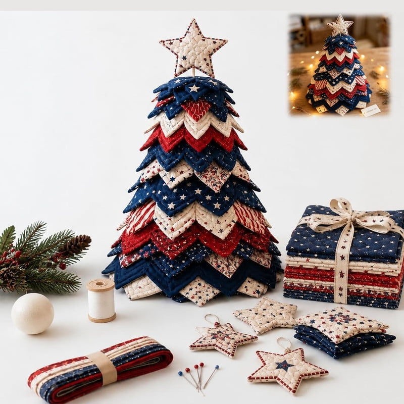 Americana Christmas Tree Quilt Kit Christmas Patchwork Fabric DIY Kit White and Blue Stars and Stripes Patchwork Craft Kit for Quilting Lover