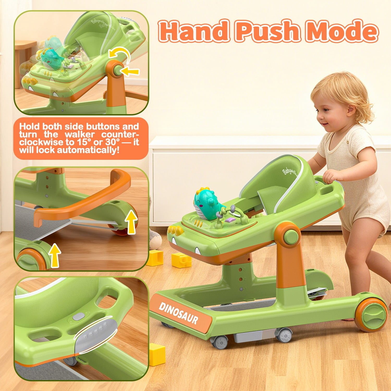 WonderStone Baby Walker, Adjustable Seat and Height, Music & Light, Dinosaur Walkers and Activity Center for Boys and Girls 6-24Months (Green)