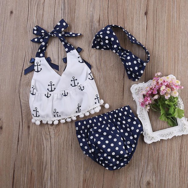 Ropa para bebés y ni?as peque?as, camisetas con anclas, camisa, calzoncillos de lunares, banda para la cabeza, conjuntos de 3 uds, conjunto_b ZefeiWu 1327533563482