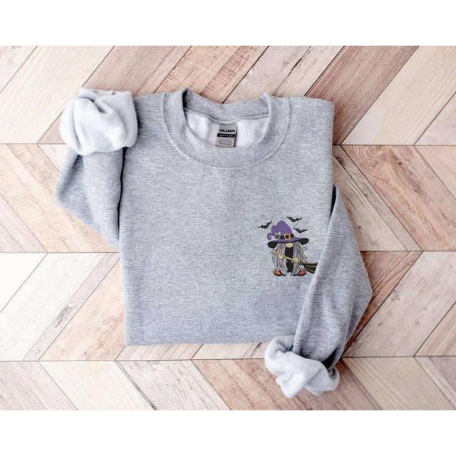 Embroidered Witch Sweatshirt, Embroidered Halloween Sweatshirt, Halloween Gnome Sweatshirt - Sand - L