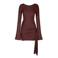 thumbnail image 3 of cfhntfmh Robes à Manches Longues pour Femmes Robe Mini Élégante Col Rond Automne Extensible Côté Cordon de Serrage Robe T-Shirts Moulante, 3 of 5