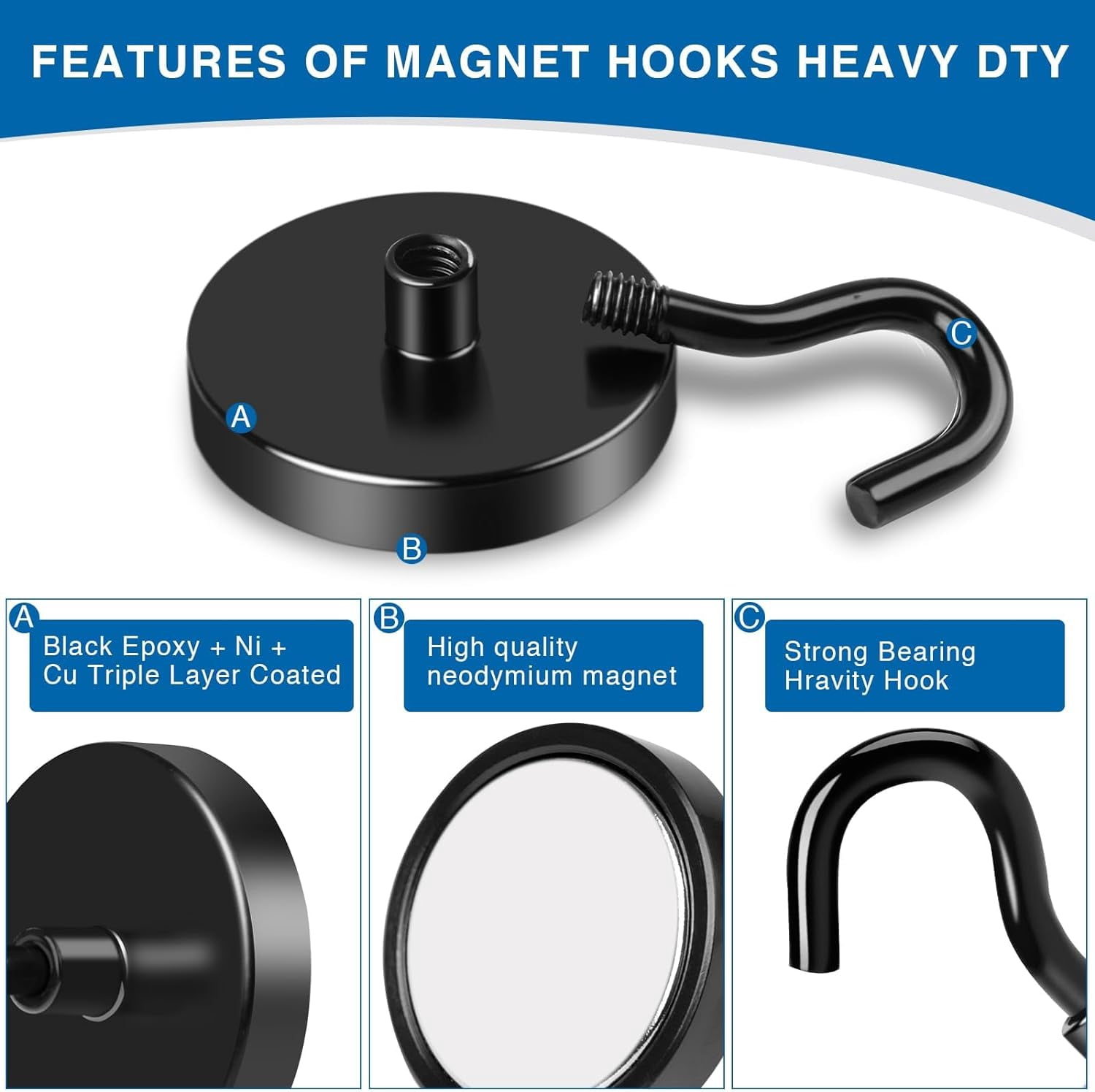 Rust Resistant Magnetic Hooks, Metal Black, (12 Pack)