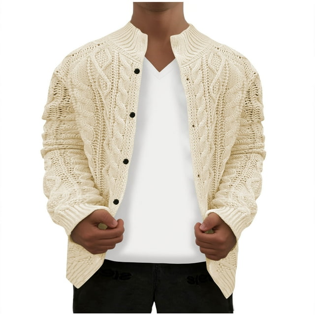 LOVZFMLL Sweaters for Men, Solid Color Acrylic V-Neck Cable Knit Cardigan, Casual Button Sweater Jacket, Soft Outerwear, Warm Winter Tops, Fall Clothes