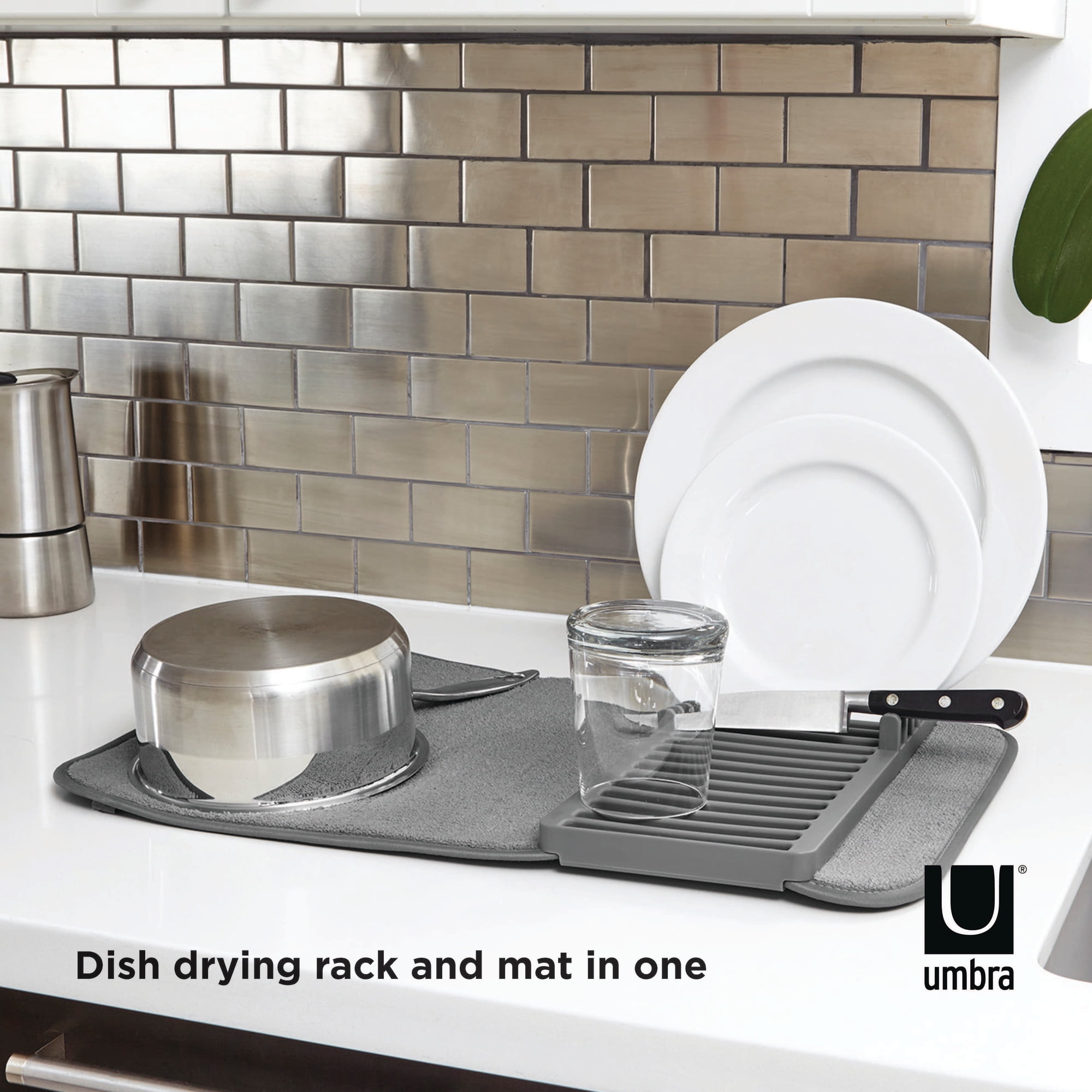 New Opened Umbra UDry Mini Dish Rack and Drying Mat (Charcoal) 24x18