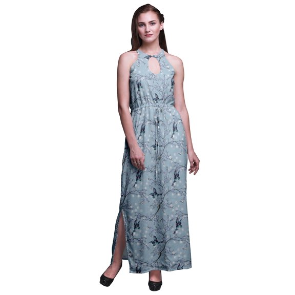 Bimba Bird Women Side Slits Long Casual Halter Maxi Dress Printed Party Wear-X-Large