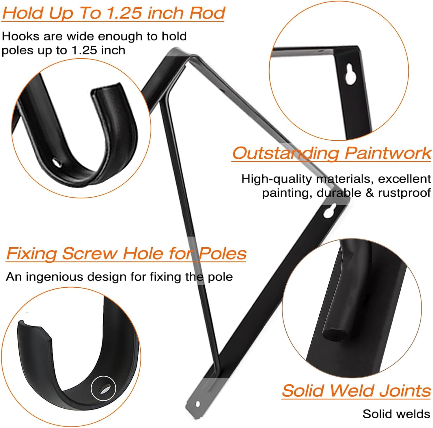 4 Pack Heavy Duty Closet Shelf & Rod Brackets, Wall Mounted Closet Shelf Brackets, 11 x 11 Inch Closet Shelf Brackets with Rod Support, Black