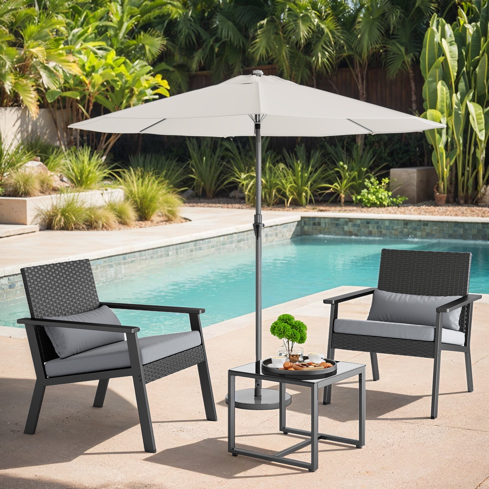 3 Pieces Patio Furniture Set, Wicker Patio Bistro Set for Balcony, Porch, Lawn, Gray
