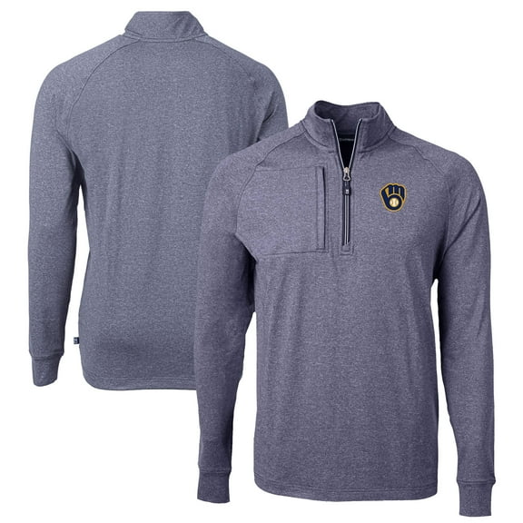 Men's Cutter & Buck Heather Navy Milwaukee Brewers Big & Tall Adapt Eco Knit Stretch Recycled Quarter-Zip Pullover Top