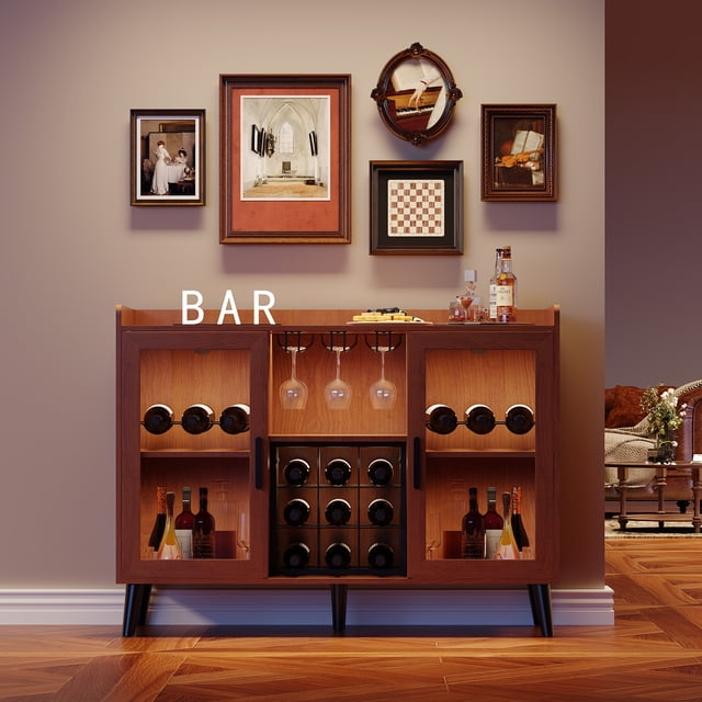47 Inch LED Lighted Wine Bar Cabinet with Tempered Glass Doors, Modern Freestanding Sideboard with Wine Racks and Stemware Holders, Walnut Black Storage Console for Living Room Kitchen Dining Room