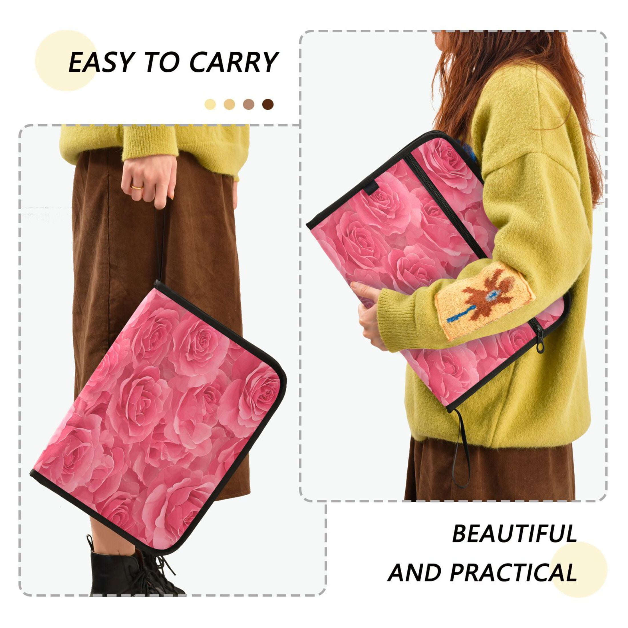 Accordion File Organizer with Zip Closure 13 Pockets Expanding File Folder Letter A4 Paper Document Organizer for Home Office Seamless Pattern with Pink Rose