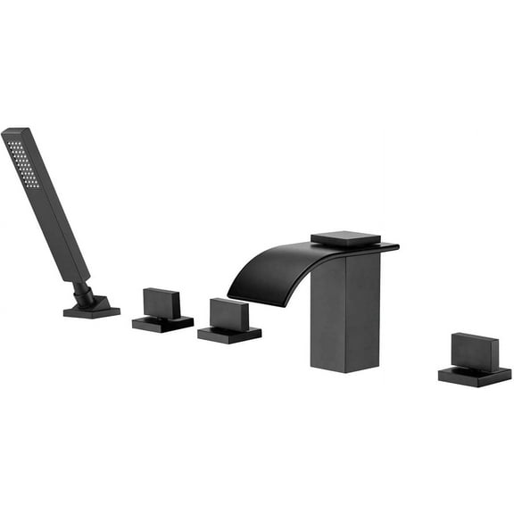 Waterfall Roman Tub Faucet Matte Black Deck Mount Bath Tub Filler with Hand Shower,High Flow,SUMERAIN 5 Holes Matte Black