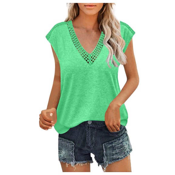 gakvbuo Plus Size Summer Tops For Women Tops Dressy Casual Women's Summer Solid Color Sleeveless Blouses Summer Lace V Neck T-shirts TopsWorkout Tops For Women