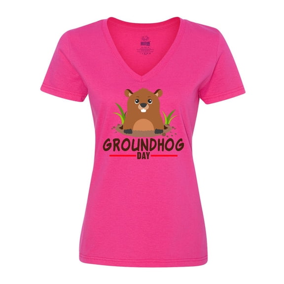 Inktastic Groundhog Day with Cute Groundhog Illustration Women's V-Neck T-Shirt
