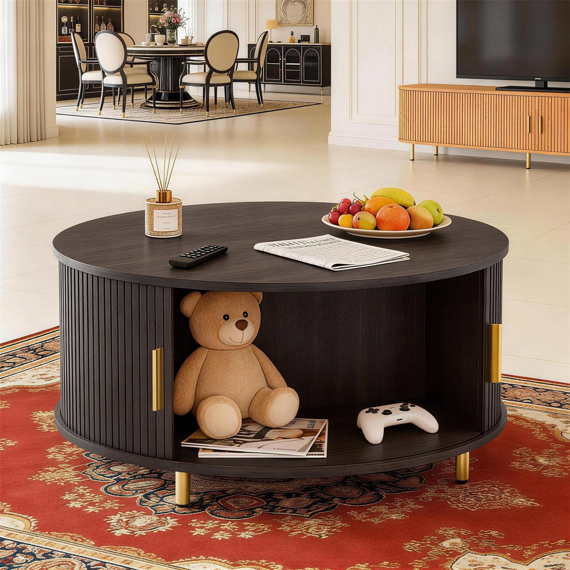 31.5" Round Coffee Table, Mid Century Modern Fluted Coffee Table with 360° Sliding Tambour Door & Storage, Coffee