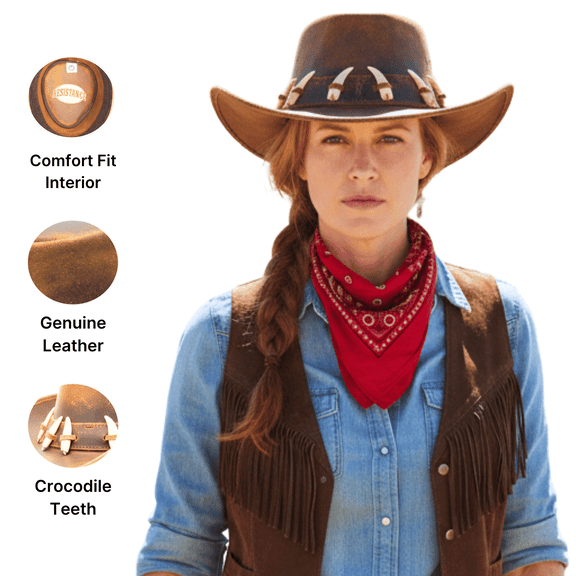 RESISTANCE Australian Leather Hat with Crocodile Band Teeth - Dundee Style | Outback Hat for Men and Women