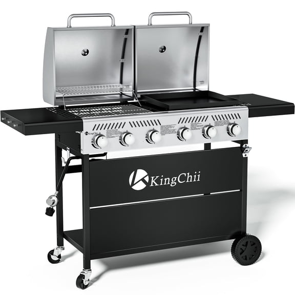 KingChii Propane Gas Grill and Griddle Combo, 2 in 1 Dual Outdoor BBQ with 45,000 BTU for Outdoor Patio Cooking Barbecue