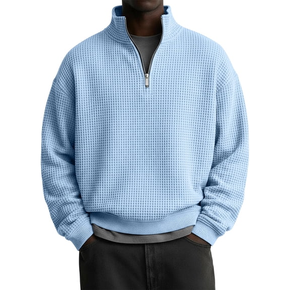 Mens Quarter Zip Pullover Waffle Knit Textured 1/4 Zip Up Sweatshirt Business Trendy Lightweight Big And Tall Shirts Light Blue M