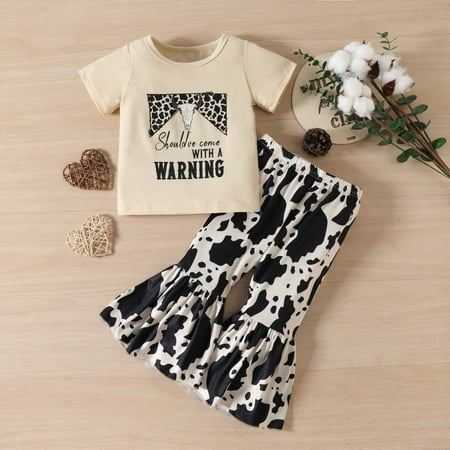 

Leutsin Baby Boys Short-Sleeve Bodysuit Baby Girls Cotton Crew Neck Short Sleeve Casual Cow Print Trousers Bell-bottoms Set