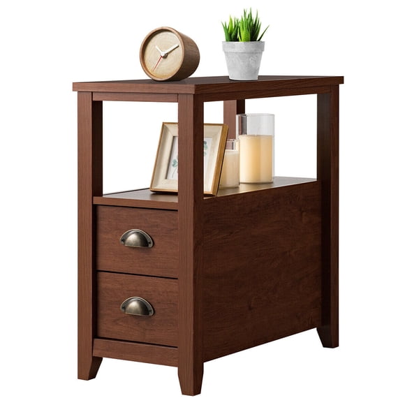 Gymax Table d'Extrémité avec 2 Tiroirs et Tablette Table de Nuit Style Rustique Brun