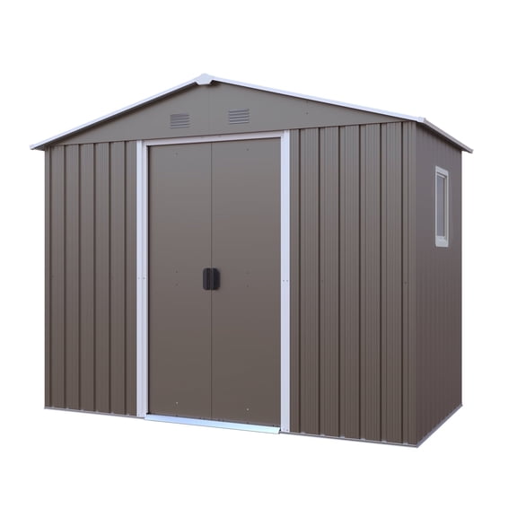 CarButler 8x4ft Metal Outdoor Storage Shed with Window and Lockable Sliding Doors for Garden Backyard Patio Lawn Gray