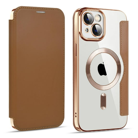 Feishell Flip Case for iPhone 14 with Camera Lens Protect Film,Magnetic Closure PU Leather Folio Case with RFID Blocking Card Slots Luxury Plating Transparent Phone Cover,Brown