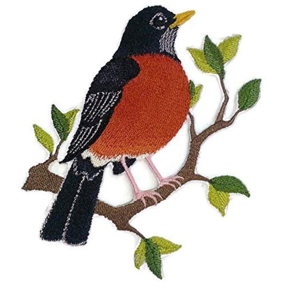 Single Robin Bird Embroidered Iron on/Sew Patch [4.85" X 4.9"]