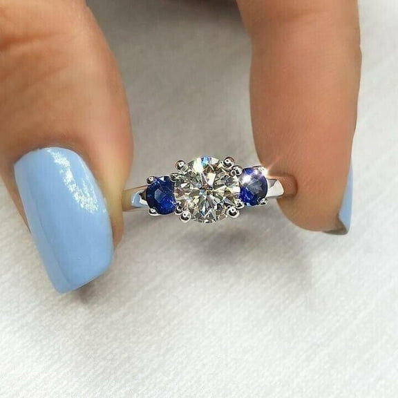 Hitanshu Jewels Round Cut Cubic Zirconia For Womens Wedding 3-Stone Ring 14K White Gold Finish