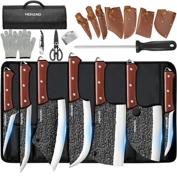 Butcher Knife Set,DFITO 14 PCS Chef Knife Set with Bag, Hand Forged Kitchen Knife Set Meat Cleaver Boning Knife Viking Knife for Kitchen Camping Outdoor BBQ