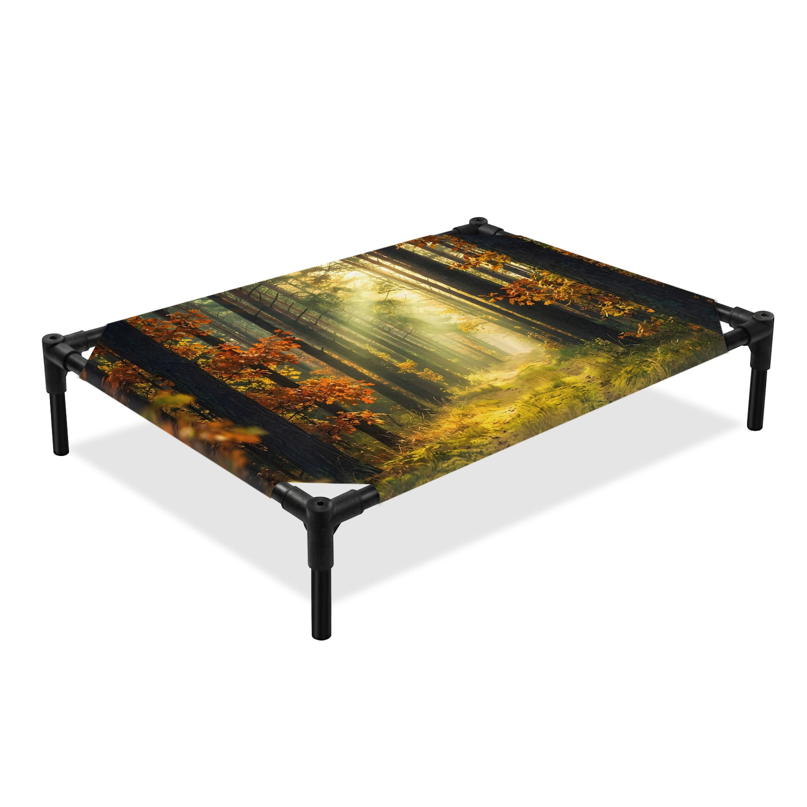 Enchanted Forest Elevated Dog Bed, Fall Nature Sunlight Sunbeams Path Cooling Breathable Outdoor Raised Dog Cot Bed with Metal Frame Non-Slip Feet for Large Dog 28x22in