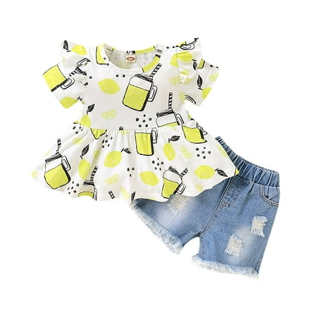 

KIMI BEAR Toddler Baby Girls Shorts Outfits 4T Girls Spring Summer Clothes Sweet Lemon Pattern Element Short Sleeve T-shirt Ripped Denim Shorts 2PCs Set 4-5T Yellow