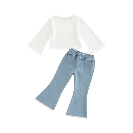 

Canrulo Fashion Toddler Baby Girls 2Pcs Clothes Solid Long Sleeve Pullover T Shirts+High Waist Denim Flare Pants Sets White 18-24 Months