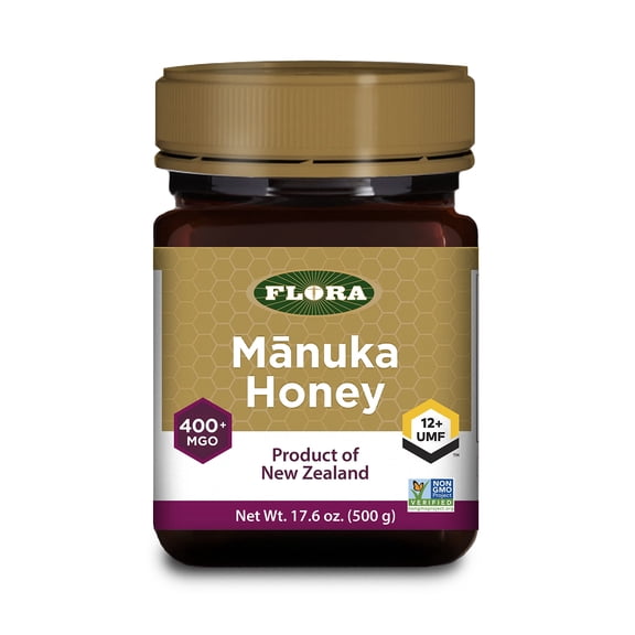 Flora - Mānuka Honey MGO 400+/12+ UMF, New Zealand Honey, 100% Traceable MGO,Natural Healing, Sore Throat Relief, Aids Digestion, 17.6-oz. Jar