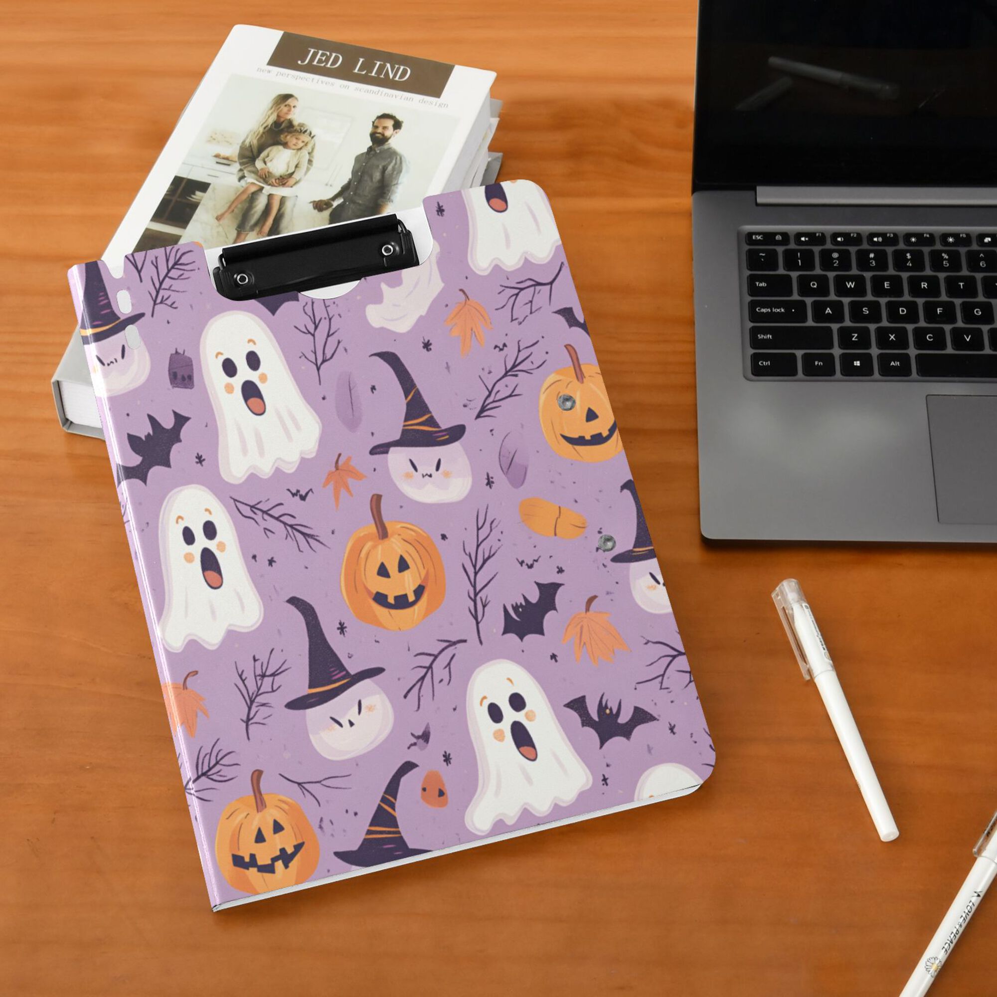 FORMRS A4 Clipboard Folder with Pen Holder Horizontal Foldable School Office Binder, Purple Cute Halloween