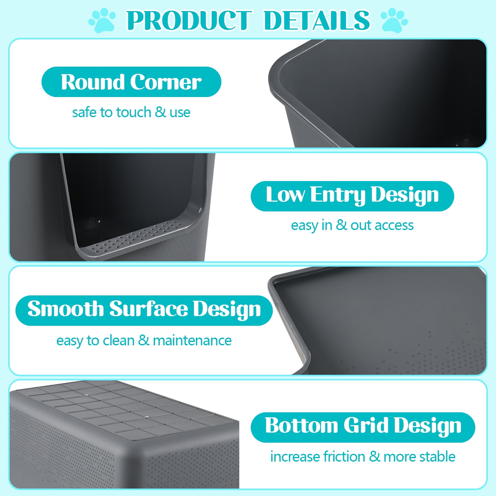 Doryh 2-Pack Plastic Cat Litter Box High Sides, Large Cat Litter Box Basin with Scoop, Gray