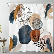 Terracotta Mid Century Shower Curtain for Bathroom, Abstract Navy Blue and Pink Geometric Shower Curtain with Hooks, Minimalist Aesthetic Tropical Plant Leaf Bathroom Curtains Shower Set, 69x70 inches
