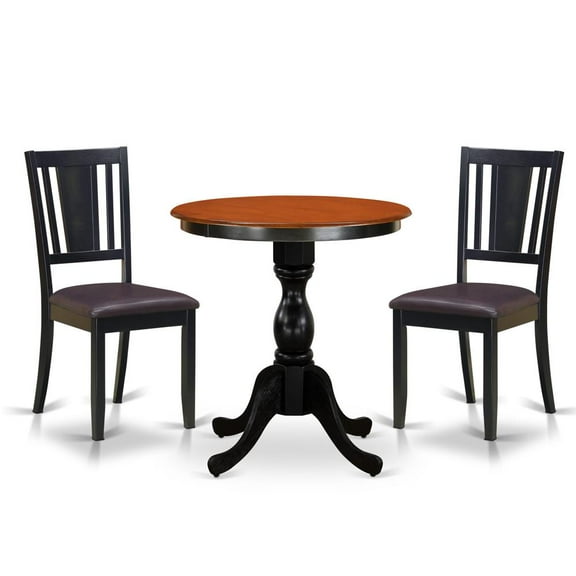 East West Furniture 3-Piece Kitchen Table Set Include a Dining Table and 2 Faux Leather Dinner Chairs with Slatted Back - Black Finish