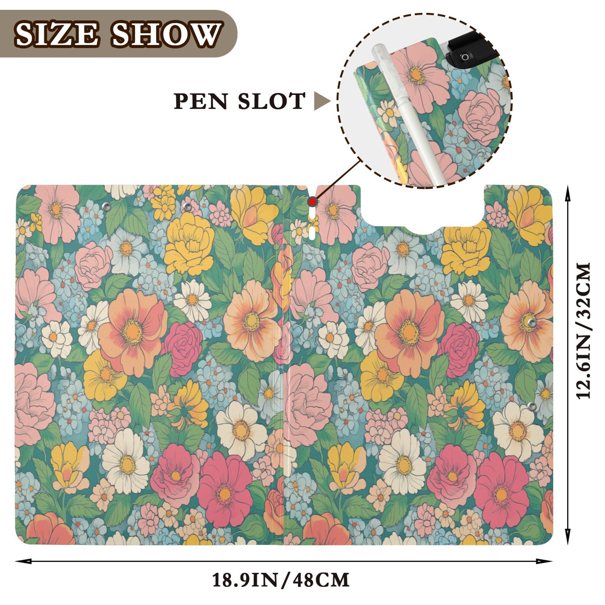 FORMRS A4 Clipboard Folder with Pen Holder Horizontal Foldable School Office Binder, Floral Pattern
