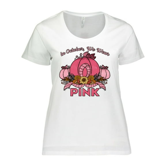Inktastic In October We Wear Pink with Ribbon and Pink Pumpkins Women's Plus Size T-Shirt