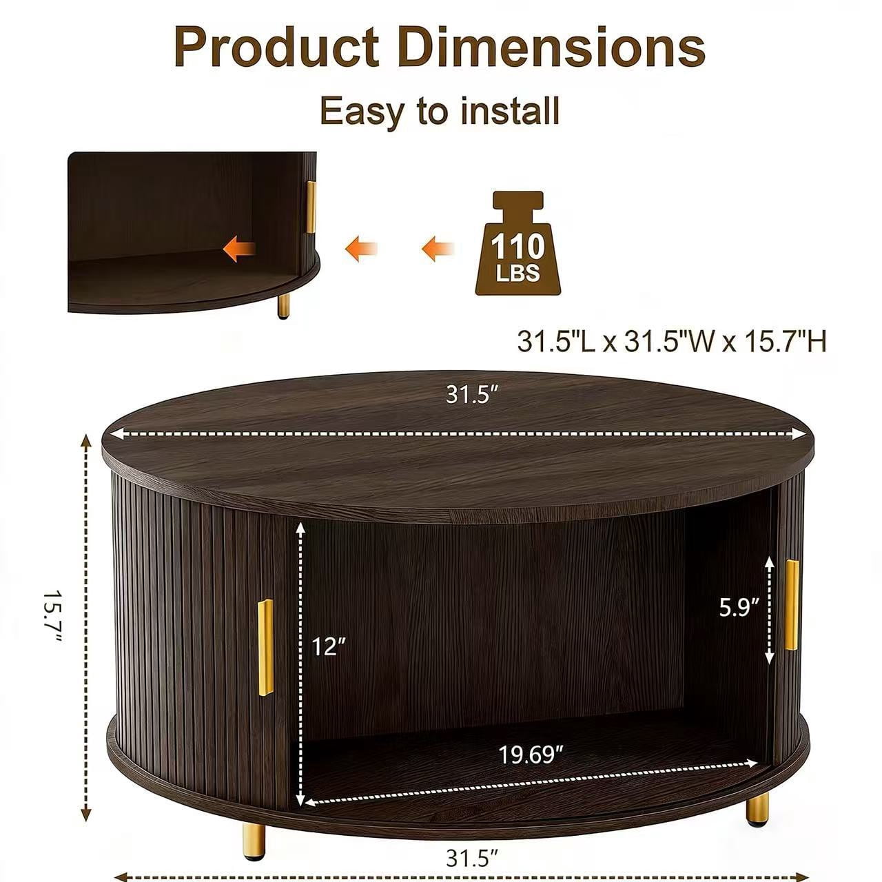 Aisword Round Coffee Table with 360° Sliding Door and Storage in Brown