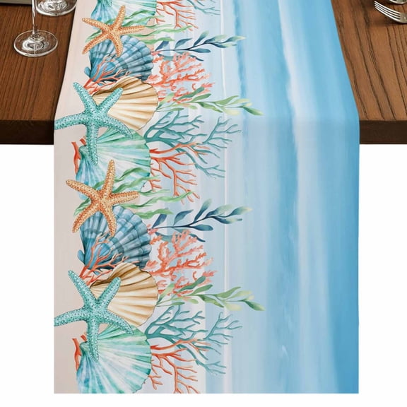 Table Runners 120 Inches Long Dress Scarves, Summer Nautical Farmhouse Coffee/Dining/Kitchen Table Runner for Living Room, Coastal Beach Starfish Coral Shell Blue 13x120 Inch