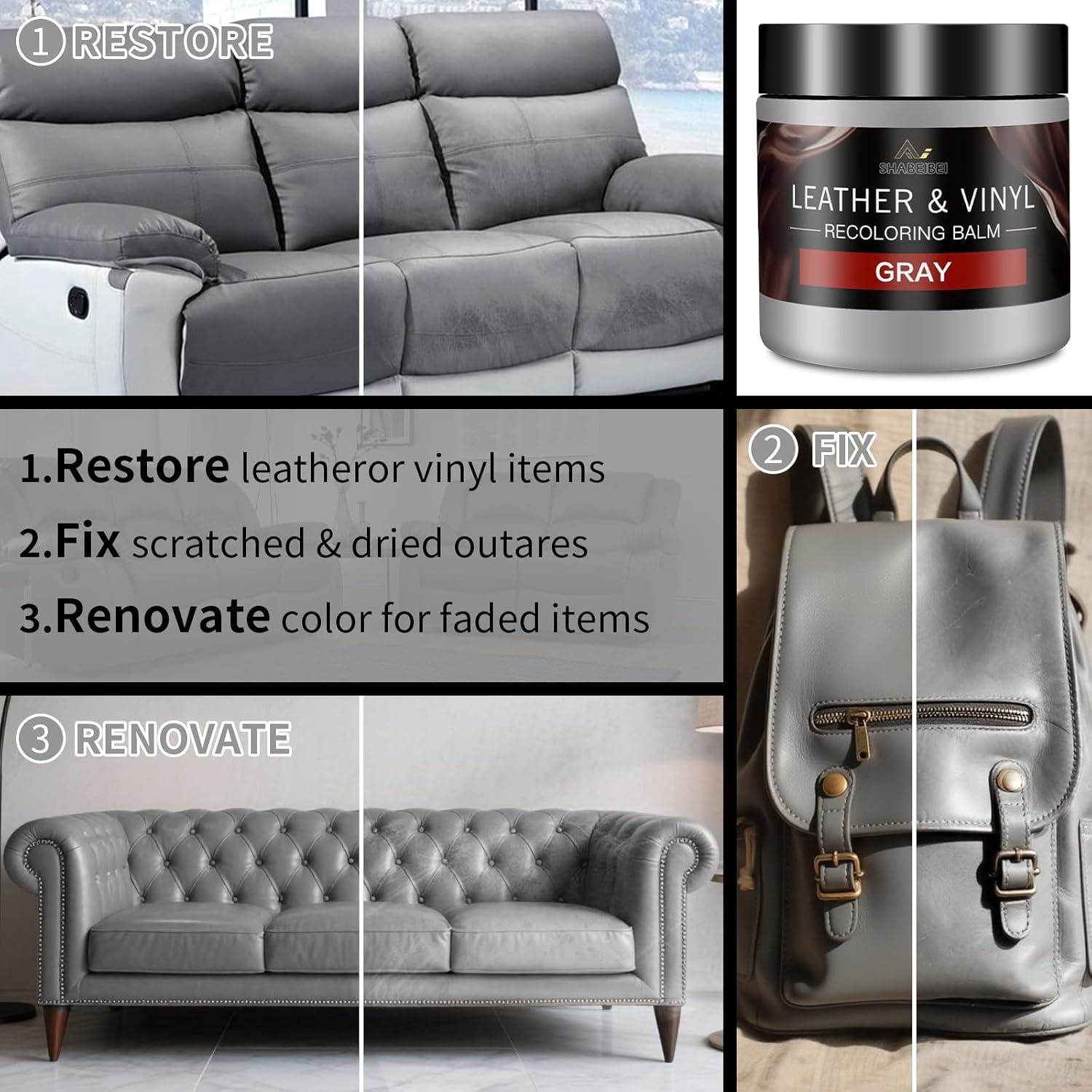 JJEAN-Leather Recoloring Balm and Leather Repair Kit for Furniture, Gray Leather Dye for Couches, Car Seats, Leather Paint & Stain for Sofa, Chairs, Bags, and More