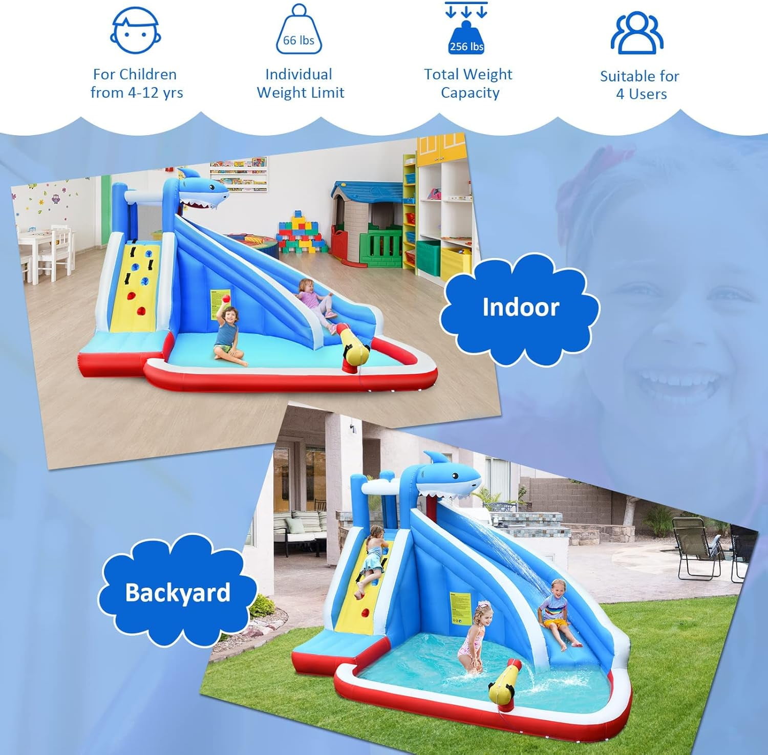 OLAKIDS Inflatable Water Slides, Bouncing House with Slide, Splash Pool, Climbing Wall, Water Blaster, Shark Themed Bouncer Castle Outdoor with Hose, Carry Bag, Blower