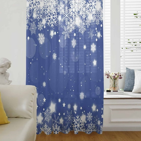 Blue Christmas Snowflakes Semi Sheer Curtains Drapes for Living Room, Bedroom, French Doors Window 63 Inches Long, Xmas Winter Textured Rod Pocket Chiffon Curtain Drapery Voile Draperies Panel