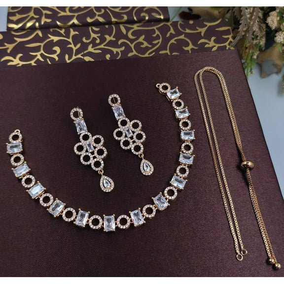 Mahablijewels Round Cut Cubic Zirconia Necklace Set for Women 14K Rose Gold Plated Elegant Gift Jewelry