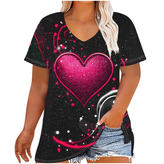 biudgviw Plus Size Valentines Shirts for Women Heart Print Graphic Tee Tops Casual Crewneck Short Sleeve Oversized T-Shirt