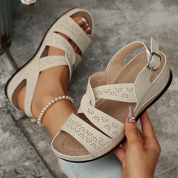 Fnooota Womens Comfort Sandals, Ankle Strap Casual Non-slip Open Toe Summer Shoes Beige Size 8.5