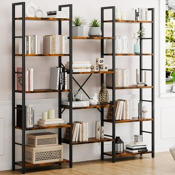 Triple Column 5 Tier Bookshelf, Industrial Large Bookcase with 14 Open Display Shelves, Large Etagere Bookshelf,Wide Book Shelf Book Case for Home & Office, Rustic Brown