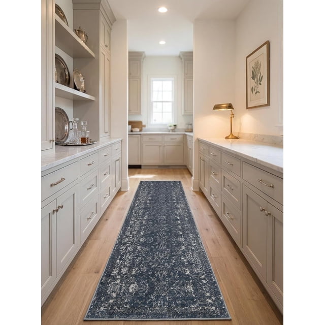 Rugs.com Oregon Collection Rug – 13 Ft Runner Blue Low-Pile Rug Perfect for Hallways, Entryways