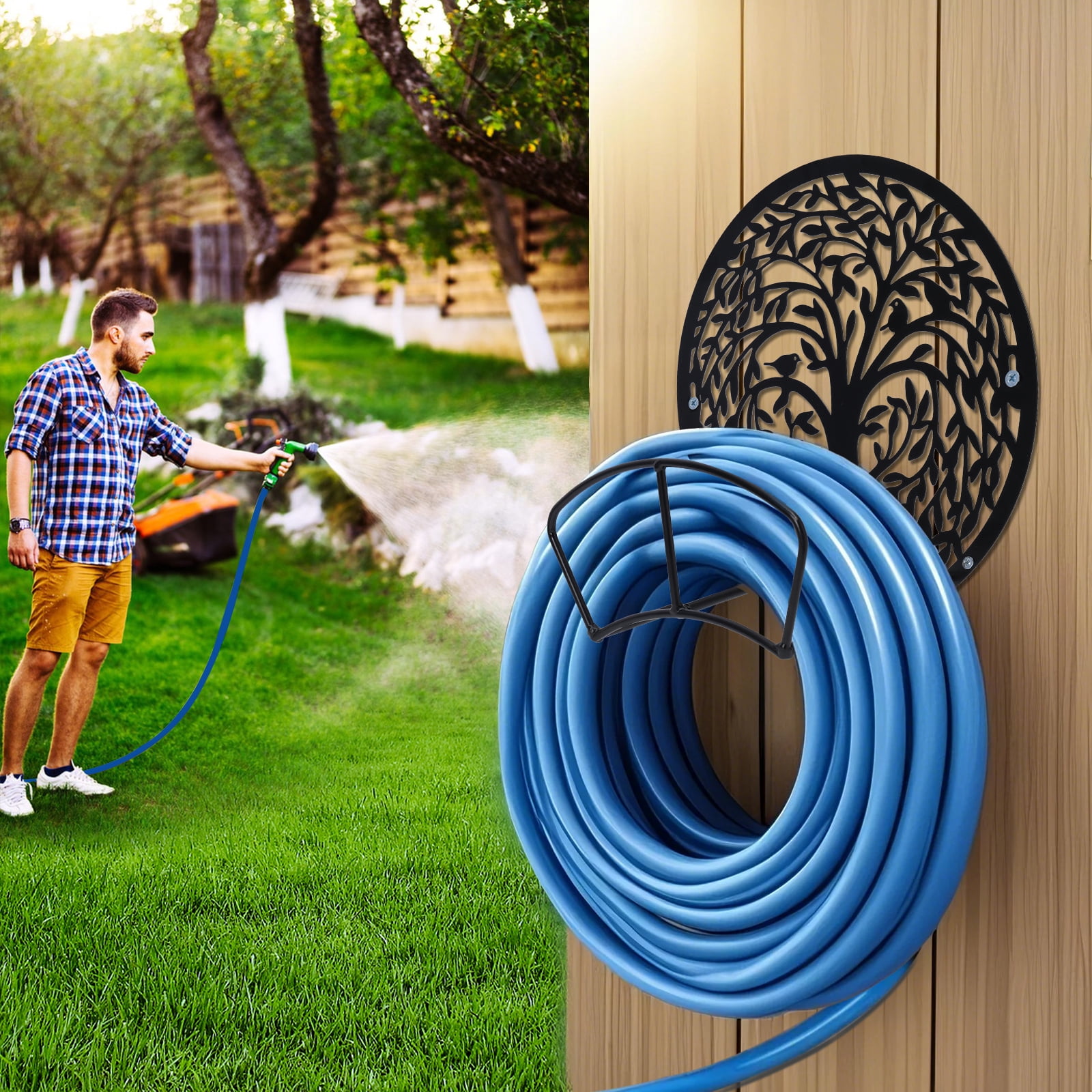 Hose Holder, Garden Water Reel Hanger,Outdoor Water Pipe Iron Rack,Wall-Mounted, Outdoor Hose Storage, Decorative Water Pipe Rack, Tree Pattern